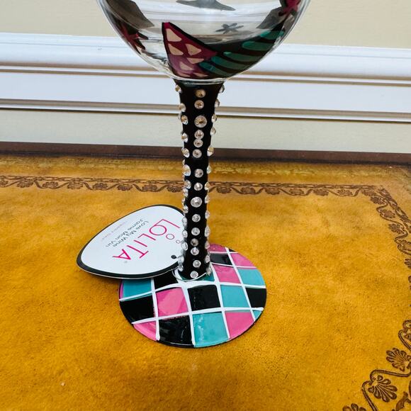 Lolita Happy Birthday Balloons Cake Rhinestone Handpainted Wine Glass 15 oz NEW - Picture 7 of 9